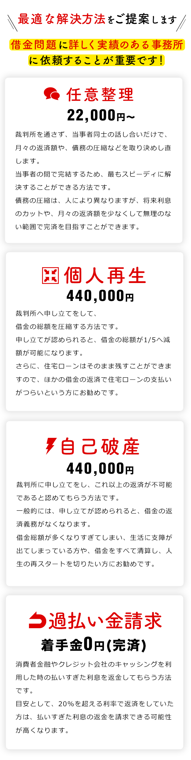 借金滞納やクレカ滞納といった借金の返済でお困りの方へ司法書士法人赤瀬事務所が債務整理・任意整理を用いて解決方法をご提案します。債務整理・個人再生・自己破産・過払い金請求といった方法を利用して、司法書士法人赤瀬事務所が借金問題を解決します。